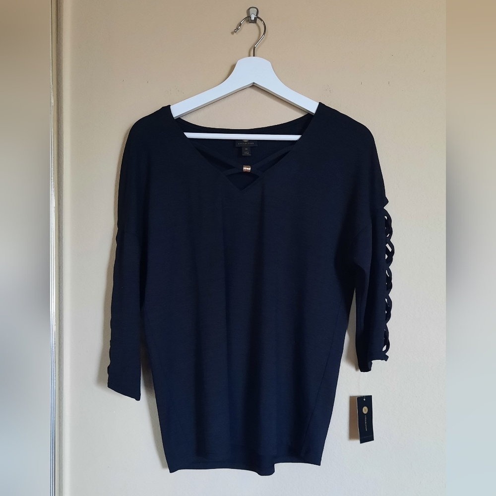 JM Collection Black V-Neck Sweater with Lace-Up Sleeves